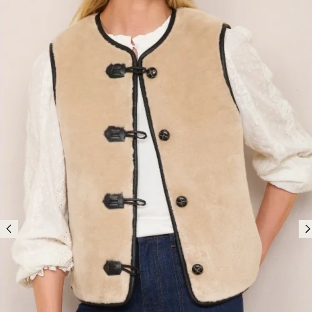 Tan Vest with Black Trim and Toggle Closures